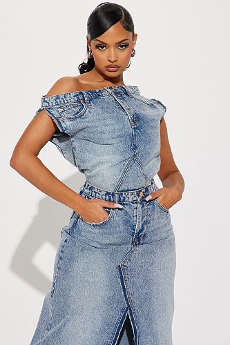 Retro Denim Split Long Skirts 2 Pieces Sets MEM-88506