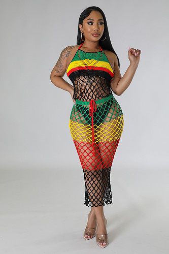 Sexy Halter Backless Woven Patchwork Beach Dress OSM-4393
