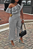 Women Stripes Oblique Shoulder Flounced Casual Jumpsuits MK-3161