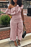 Women Stripes Oblique Shoulder Flounced Casual Jumpsuits MK-3161