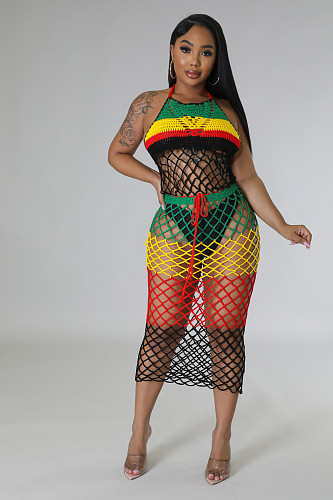 Sexy Halter Backless Woven Patchwork Beach Dress OSM-4393