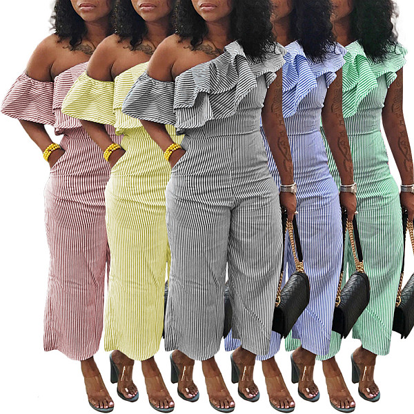 Women Stripes Oblique Shoulder Flounced Casual Jumpsuits MK-3161