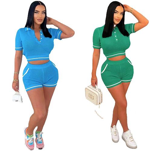 Knitted Sweater Short Sleeve Two Piece Shorts Set OSM-4401