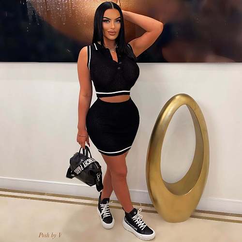 Women Knitted Sleeveless Crop Top with Short Skirts 2 Pieces Set OSM-4394