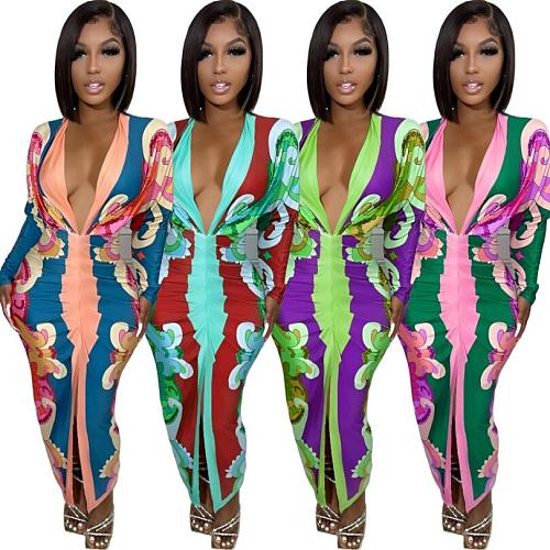 Vintage Printing Long Sleeve Deep V Maxi Dresses LS-0393