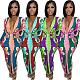 Vintage Printing Long Sleeve Deep V Maxi Dresses LS-0393