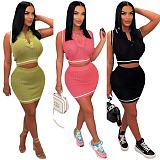 Women Knitted Sleeveless Crop Top with Short Skirts 2 Pieces Set OSM-4394