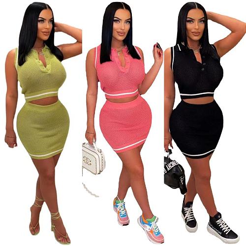 Women Knitted Sleeveless Crop Top with Short Skirts 2 Pieces Set OSM-4394