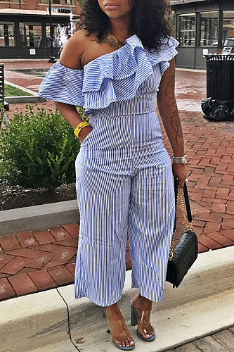 Women Stripes Oblique Shoulder Flounced Casual Jumpsuits MK-3161