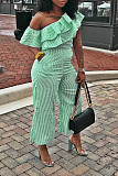 Women Stripes Oblique Shoulder Flounced Casual Jumpsuits MK-3161