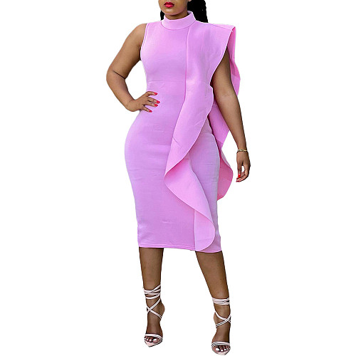Elegant Pink Flounced Sleeveless Women Slim Midi Dresses MK-3168