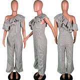 Women Stripes Oblique Shoulder Flounced Casual Jumpsuits MK-3161