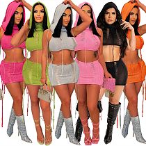 Casual Two Pieces Sets Women Knitted Hoodies Crop Top and Short Skirt OSM-4392