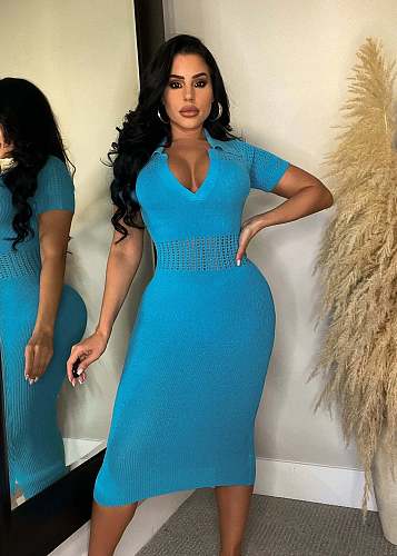 Women Knitted Polo Collar Hollow Out Slim Maxi Dress OSM-4391