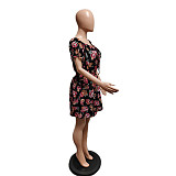 Floral Print Slash Neck Short Sleeve Summer Dress XT-8185