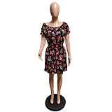 Floral Print Slash Neck Short Sleeve Summer Dress XT-8185