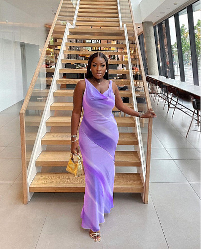 Elegant Ladies Print V-neck Sleeveless Long Party Dresses RC-3174