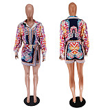 Fashion Print Long Sleeve Blouse with Irregular Shorts 2 Pieces Set RC-3158
