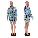 Fashion Print Long Sleeve Blouse with Irregular Shorts 2 Pieces Set RC-3158