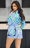Fashion Print Long Sleeve Blouse with Irregular Shorts 2 Pieces Set RC-3158