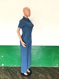Women Short Sleeves Buttons Wide-leg Denim Jumpsuits LX-3350