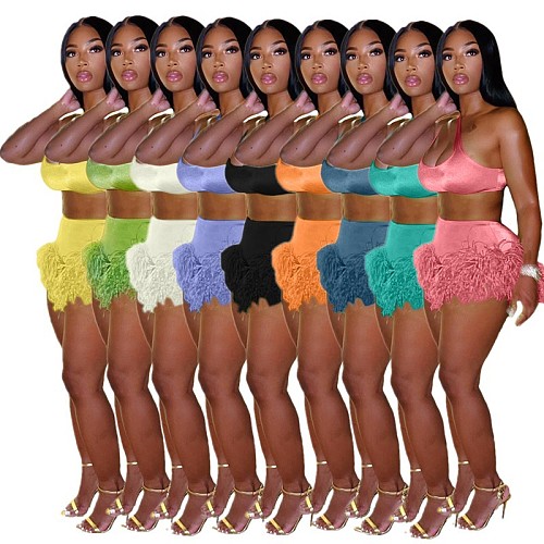Cut Out Crop Top Feather Fringe Shorts 2 Piece Set LP-66339
