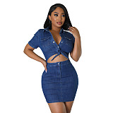 Casual Denim Two Pieces Set Women Buttons Tops and Package Hips Short Skirts LX-3546