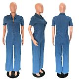 Women Short Sleeves Buttons Wide-leg Denim Jumpsuits LX-3350