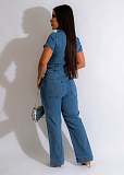 Women Short Sleeves Buttons Wide-leg Denim Jumpsuits LX-3350