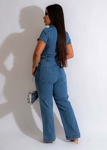 Women Short Sleeves Buttons Wide-leg Denim Jumpsuits LX-3350