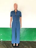 Women Short Sleeves Buttons Wide-leg Denim Jumpsuits LX-3350