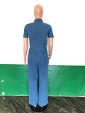 Women Short Sleeves Buttons Wide-leg Denim Jumpsuits LX-3350