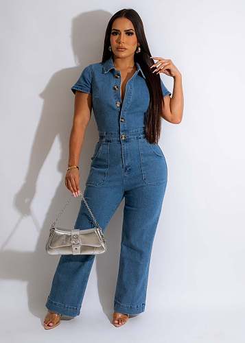 Women Short Sleeves Buttons Wide-leg Denim Jumpsuits LX-3350