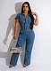 Women Short Sleeves Buttons Wide-leg Denim Jumpsuits LX-3350