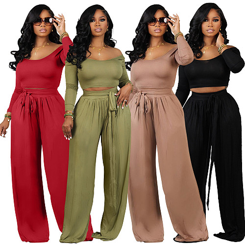 Casual 2 Pieces Sets Women Knitted Solid Color Crop Top With Wide-leg Pants YIM-358