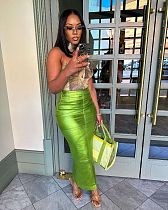 Green Split Zipper Package Hips PU Leather Skirt OLY-6130
