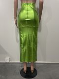 Green Split Zipper Package Hips PU Leather Skirt OLY-6130