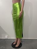 Green Split Zipper Package Hips PU Leather Skirt OLY-6130