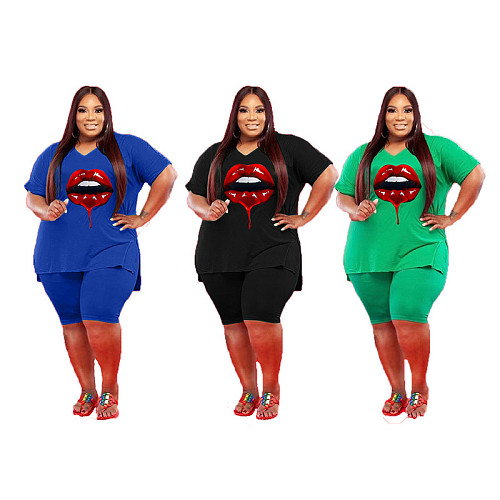 Plus Size 5XL Women Lip Print V-neck Shorts Sets 2 Pieces XING-307