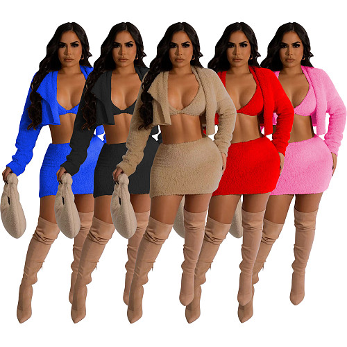 Women Bralettes Short Skirt Casual Velvet Three Pieces Sets BS-1353