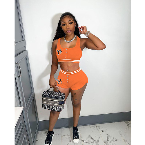 Leisure 2 Pieces Sets Women Print Vest And Sporty Shorts XING-306