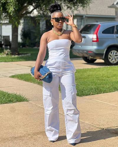 White Strapless Pockets Women Sexy Jumpsuits MK-3183