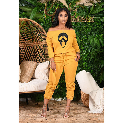 Leisure 2 Pieces Sets Women Skull Print Off Shoulder Tops And Pants XT-8125