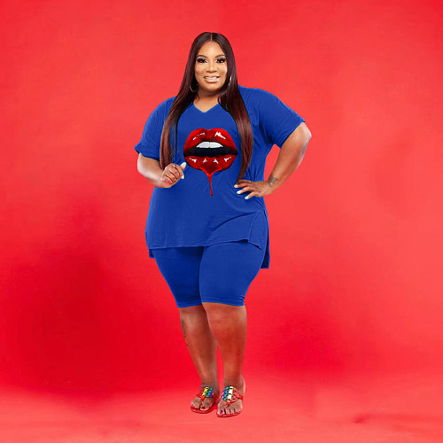 Plus Size 5XL Women Lip Print V-neck Shorts Sets 2 Pieces XING-307