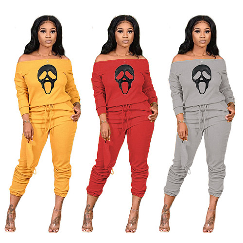 Leisure 2 Pieces Sets Women Skull Print Off Shoulder Tops And Pants XT-8125