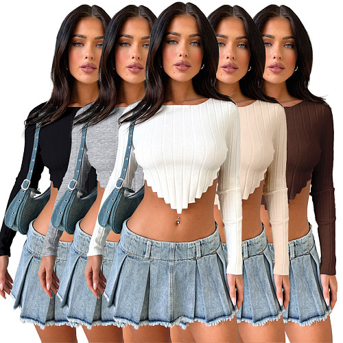 Women Solid Color Slat Long Sleeves Knitted Crop Top ASL-6689