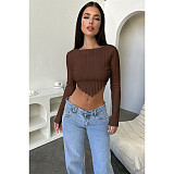 Women Solid Color Slat Long Sleeves Knitted Crop Top ASL-6689