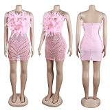 Sexy Off Shoulder Feather Hot Drilling Package Hips Mini Dress NY-2775