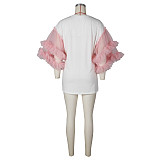 Casual Loose Mesh Patchwork Long Sleeves White T-shirts ZS-0615
