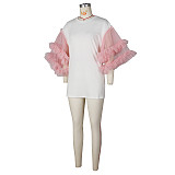 Casual Loose Mesh Patchwork Long Sleeves White T-shirts ZS-0615